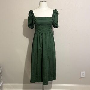 Few Moda River Green Puff Sleeve Midi Dress Smocked  Back Feminine Spring